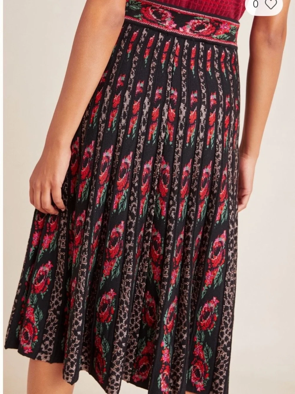 Cecilia Prado Anthropologie Roselle- SZ M- Black Red Pleated Midi Sweater Skirt
